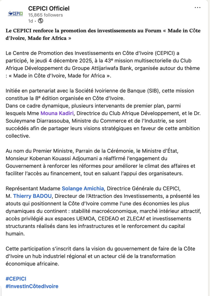 300 dirigeants, 14 pays, 500 B2B : le Club Afrique Développement fait carton plein à Abidjan 6 𝐂𝐄𝐏𝐈𝐂𝐈 Linkedin