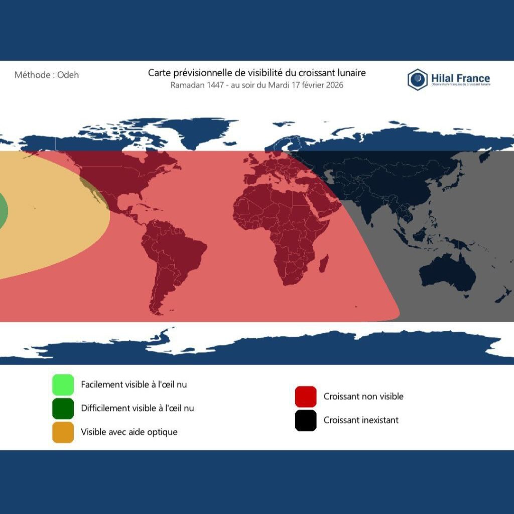Ramadan 2026 : la Grande Mosquée de Paris joue-t-elle avec l’unité des musulmans de France ? 1 Prevision de visibilite du Hilal au soir de ce Mardi 17 fevrier 28 Chaban⚠️ J 1 avant la soir