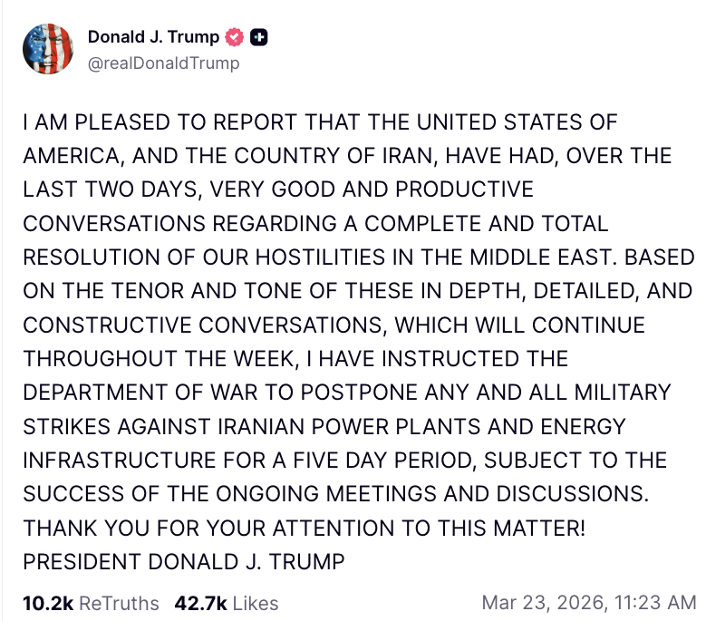 Soupçons de délit d’initié aux États-Unis après des paris massifs avant l’annonce de Trump sur l’Iran 1 Trump TruthSocial