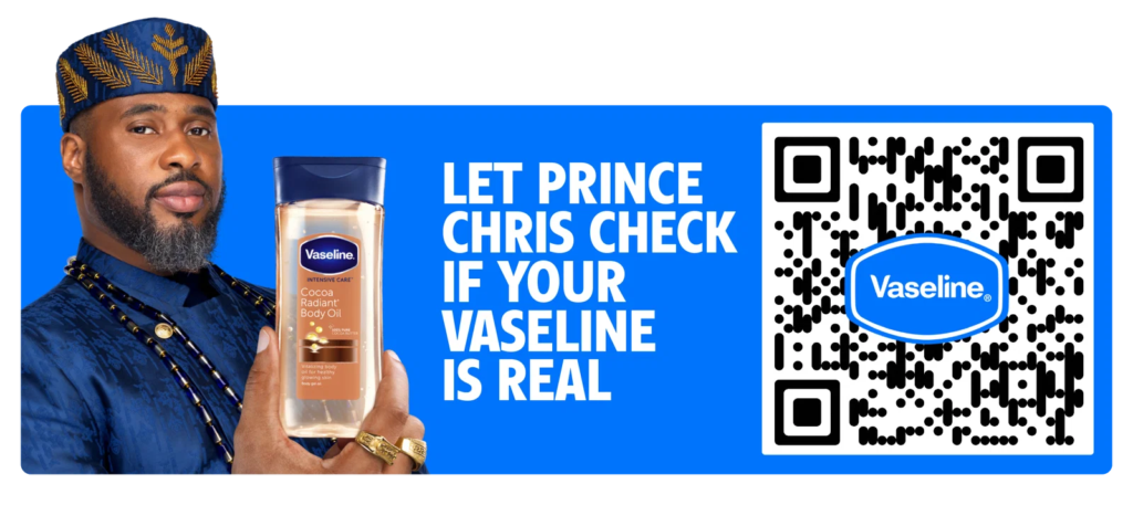 Unilever a engagé un véritable prince nigérian pour lutter contre les fausses huiles corporelles Vaseline ! 2 Vaseline QR Code