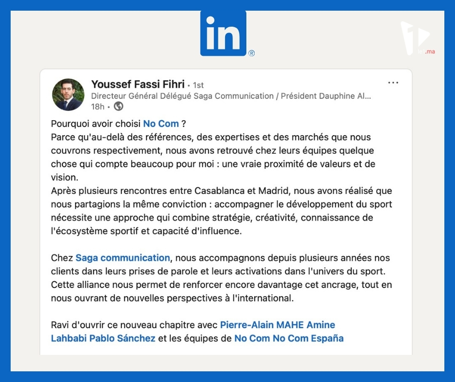 Saga Communication et No Com s’allient pour accompagner le nouvel âge du sport marocain 1 YFFlinkedin