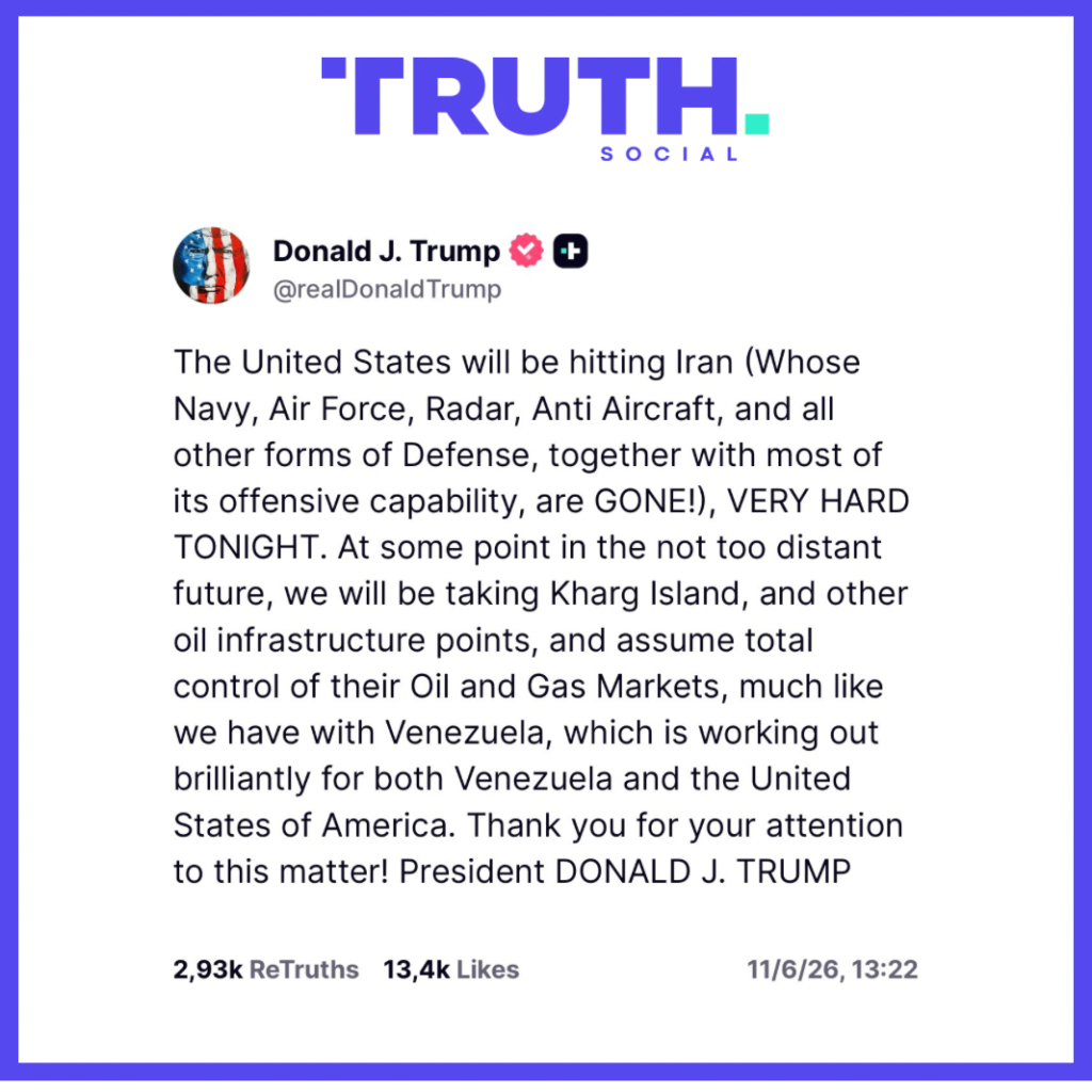 Donald Trump menace de frapper l’Iran « très fort » ce soir et évoque un contrôle futur de l’île de Kharg 1 copy of truthsocial