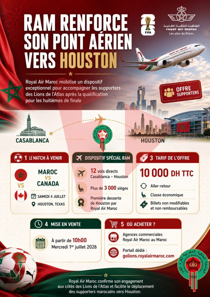 Supporters des Lions de l’Atlas, Royal Air Maroc vous emmène à Houston ! 12 vols directs à 10 000 DH pour les huitièmes de finale 1 RAM Houston 1