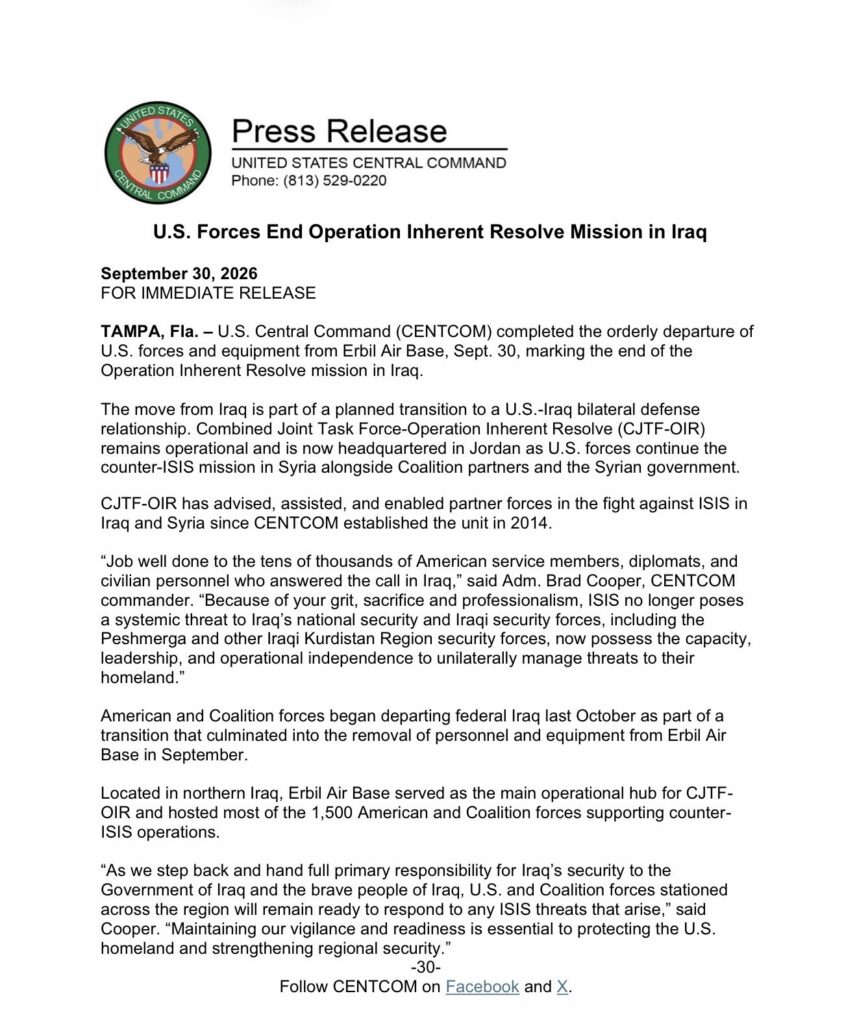 Retrait historique des forces américaines d’Irak, 23 ans après l’invasion 1 Centcom Irak