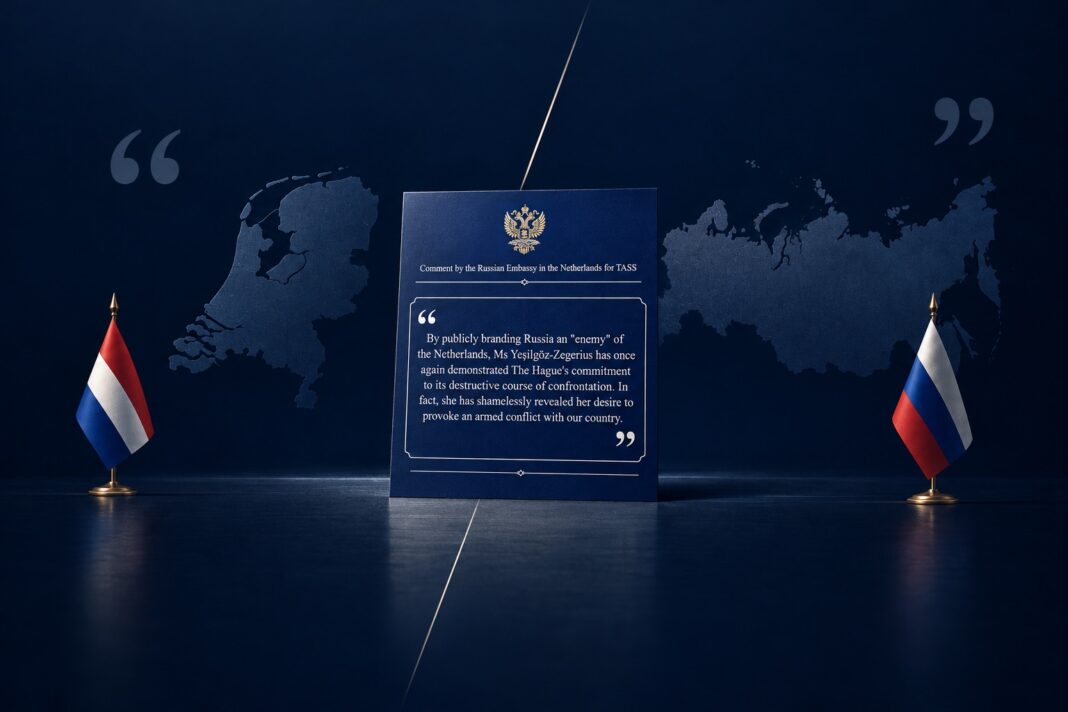 Communiqué de l’ambassade de Russie aux Pays-Bas, entre les drapeaux russe et néerlandais, sur les tensions diplomatiques du 8 octobre 2026